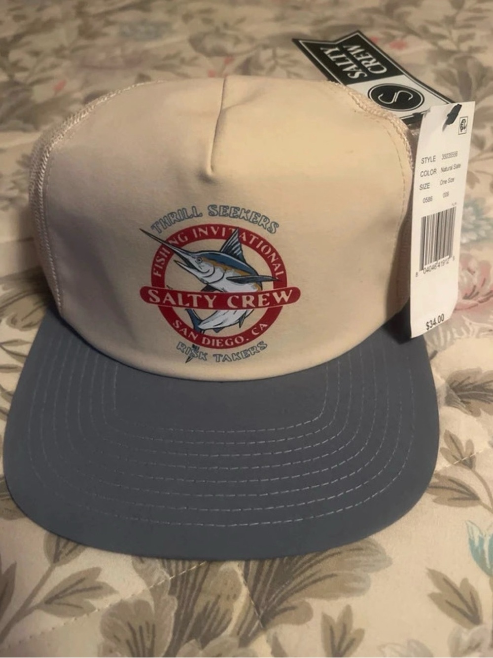 Salty Crew Two-Tone Fishing Logo Snapback Hat - Cream and Blue-Gray